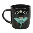 Black ceramic mug with Luna Moth and moon phases