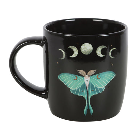 Black ceramic mug with Luna Moth and moon phases