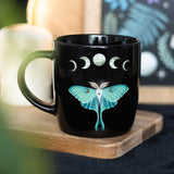Black ceramic mug with Luna Moth and moon phases