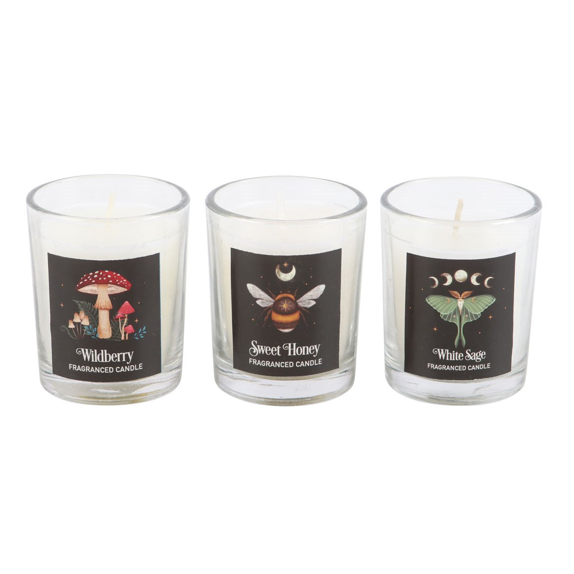 Set of three fragranced candles with dark forest illustrations. Wildberry, Sweet Honey, & White Sage