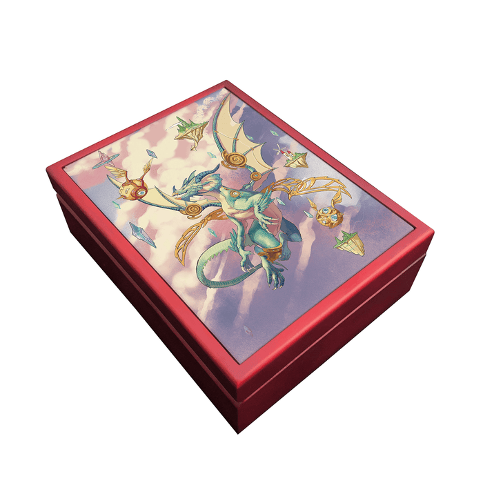 Mahogany box with imprint of blue dragon with golden steampunk accents in a sky full of clouds and floating islands