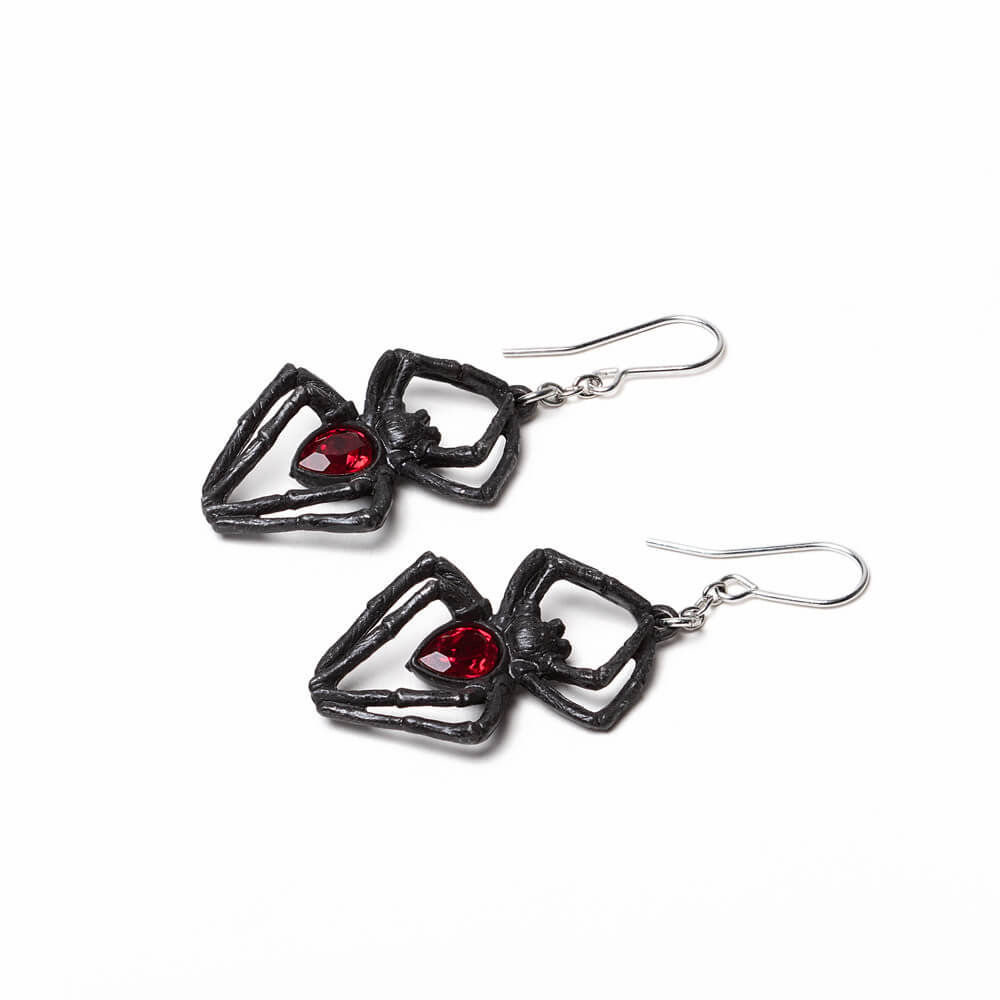 Earrings feature black pewter spiders with red crystal abdomens