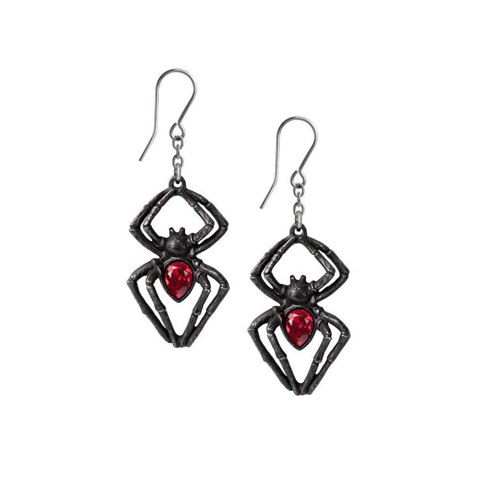 Earrings feature black pewter spiders with red crystal abdomens