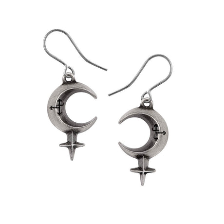 Crescent moon and spike earrings with carved sigil