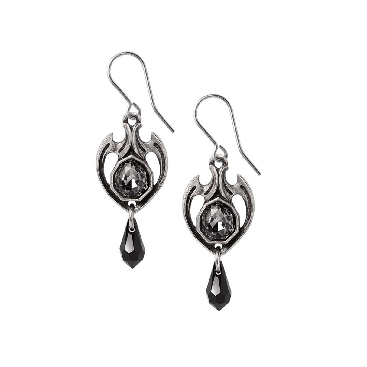 Pair of pewter earrings with crystals on a white background