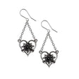 Pair of earrings with pewter hearts and black roses dangling from chains