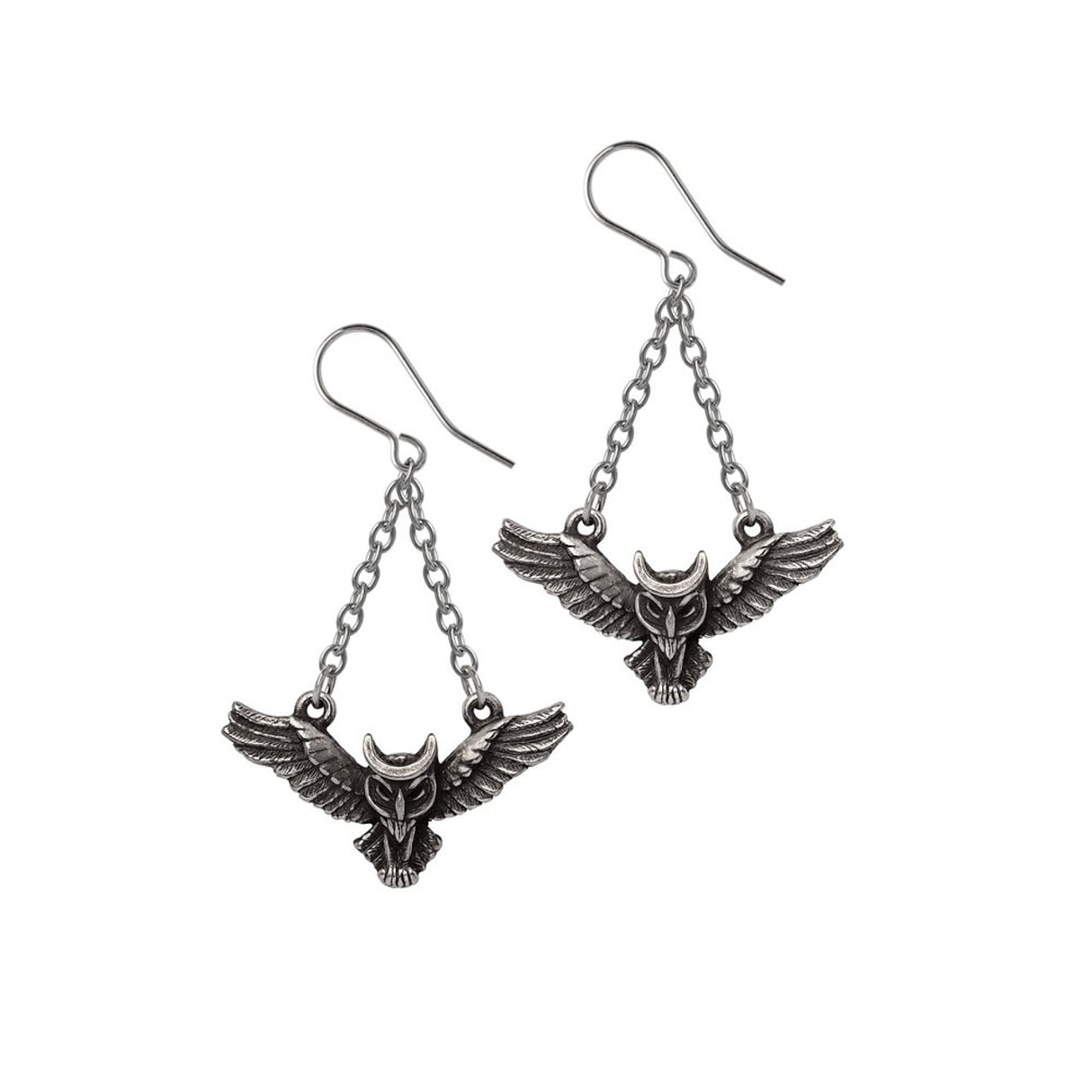 Pair of pewter owl earrings on a white background