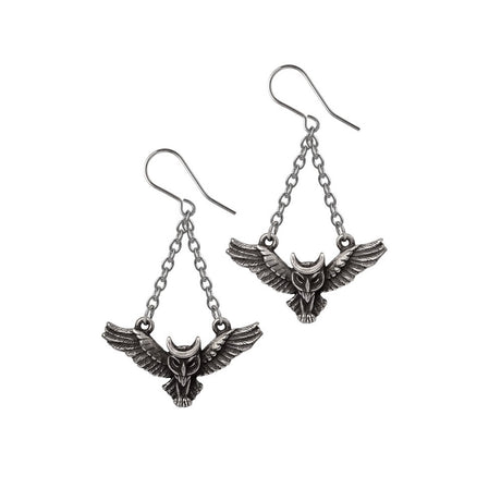 Pair of pewter owl earrings on a white background