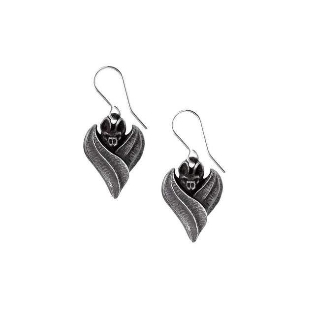 Pair of bat earrings on a white background