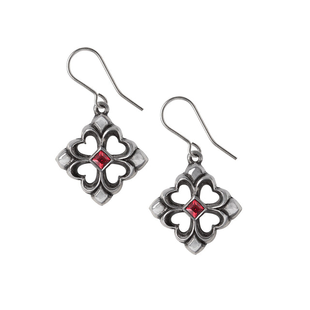 Earrings with floral design and red gem