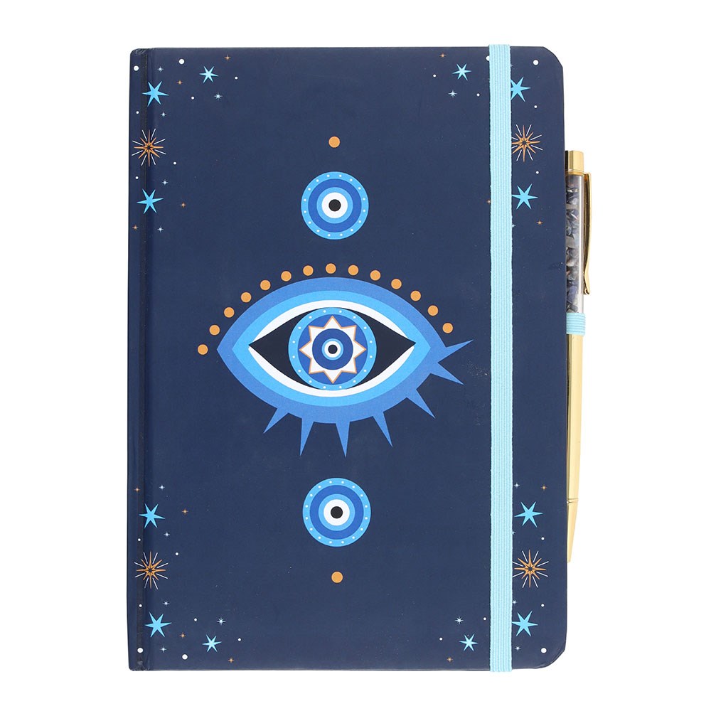 Journal with blue all seeing eye cover and gold pen with crystal chips inside