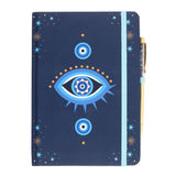 Journal with blue all seeing eye cover and gold pen with crystal chips inside
