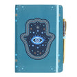 Blue journal with Hand of Hamsa protection design and all seeing eye, and gold crystal-chip filled pen