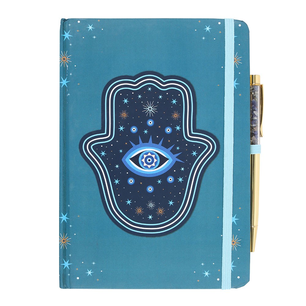 Blue journal with Hand of Hamsa protection design and all seeing eye, and gold crystal-chip filled pen