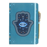 Blue journal with Hand of Hamsa protection design and all seeing eye, and gold crystal-chip filled pen