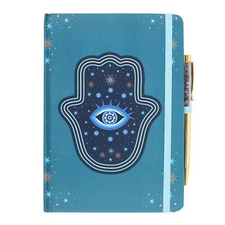 Blue journal with Hand of Hamsa protection design and all seeing eye, and gold crystal-chip filled pen