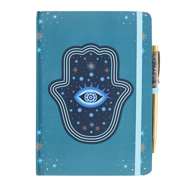 Blue journal with Hand of Hamsa protection design and all seeing eye, and gold crystal-chip filled pen
