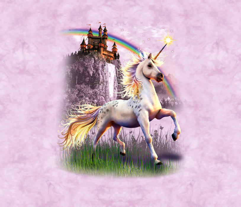 Artwork of prancing unciorn with stars on its coat in front of a castle on the cliff with a rainbow. On a mottled pink background.