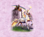 Artwork of prancing unciorn with stars on its coat in front of a castle on the cliff with a rainbow. On a mottled pink background.