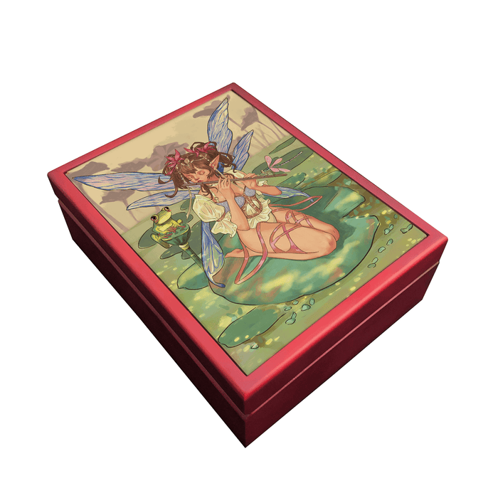 Mahogany box with tile featuring flute-playing fairy with frog on a lilypad