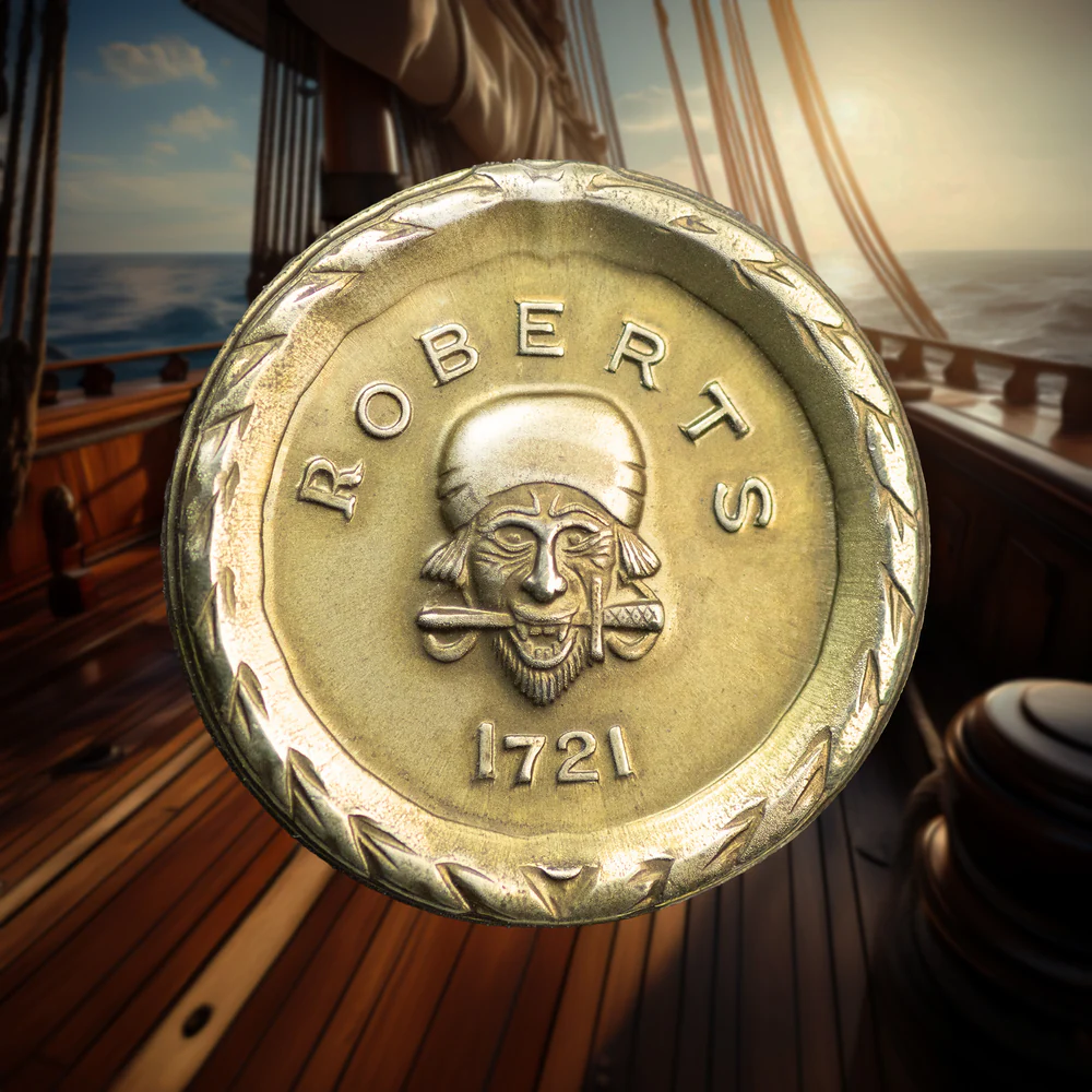 Shiny brass coin with 'Roberts 1721'  and skull