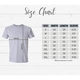 Size chart for a t-shirt with dimensions labeled