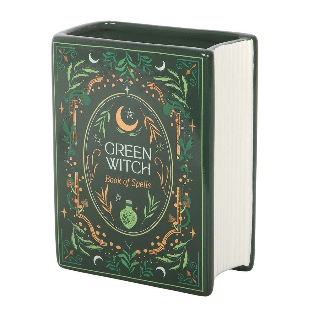 Ceramic vase shaped like a book with Green Witch - Book of Spells and floral accents