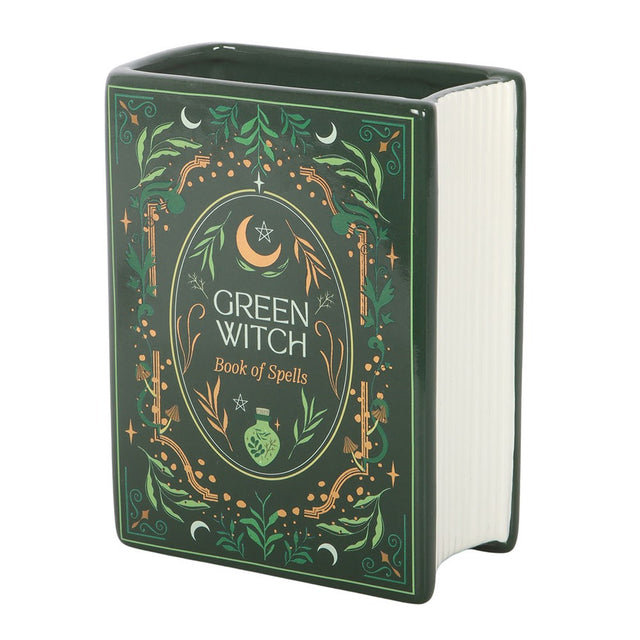 Ceramic vase shaped like a book with Green Witch - Book of Spells and floral accents