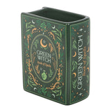 Ceramic vase shaped like a book with Green Witch - Book of Spells and floral accents