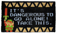 Legend of Zelda doormat featuring pixel Link holding sword up, message of "It's dangerous to go alone! Take this." and triforce triangles