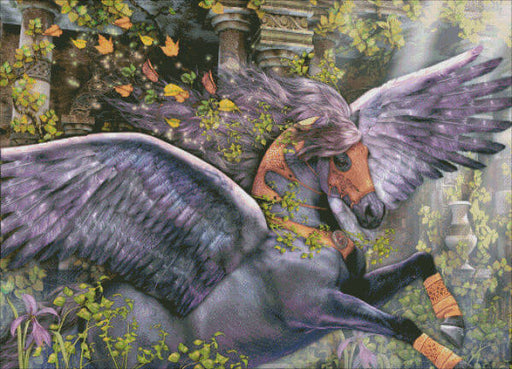 Gray pegasus gallops through a forest, with autumn leaves flowing out behind and bronze armor. Cross stitch mockup of art by Laurie Prindle