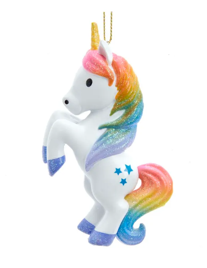 Ornament of rearing white unicorn with rainbow mane and tail and stars on rump