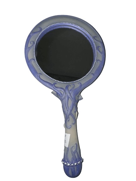 Hand mirror featuring a fairy with pink and purple wings on the back. Purple surrounding the mirror glass