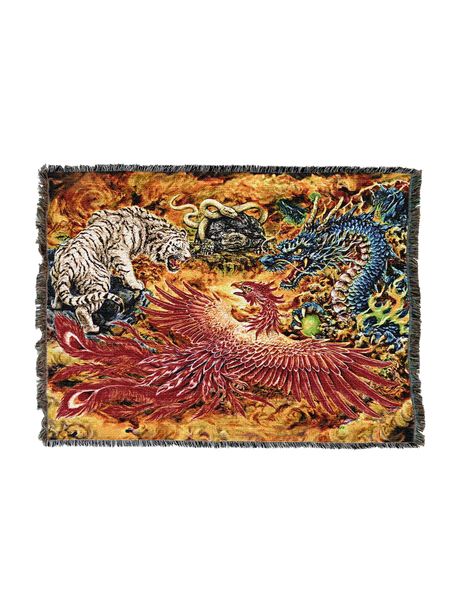 Woven blanket with a dragon, phoenix, turtle, snake and tiger design 
