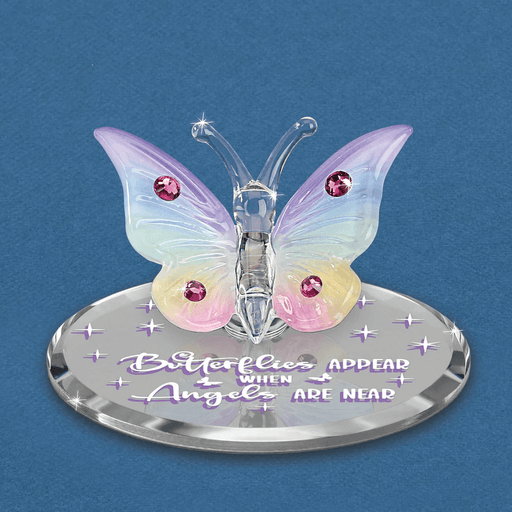 Figurine of glass butterfly with rainbow wings, pink crystal accents, on mirror base that reads "Butterflies appear when angels are near"