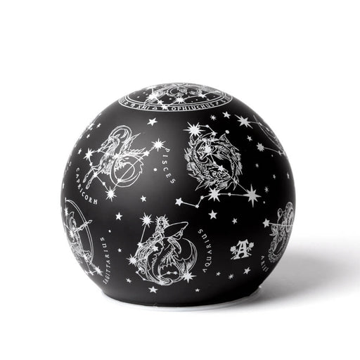 Globe lamp with astrology zodiac signs in white on black