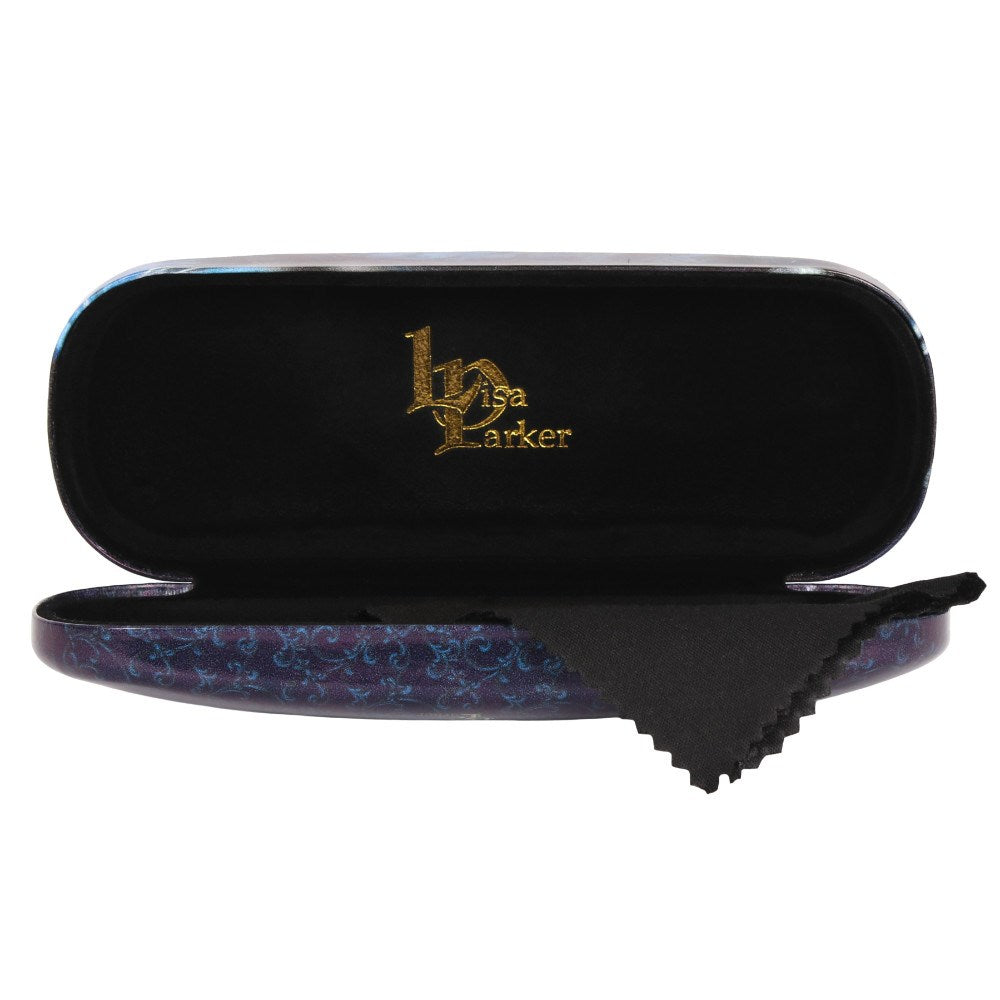 Inside eyeglass case with cloth and gold Lisa Parker logo