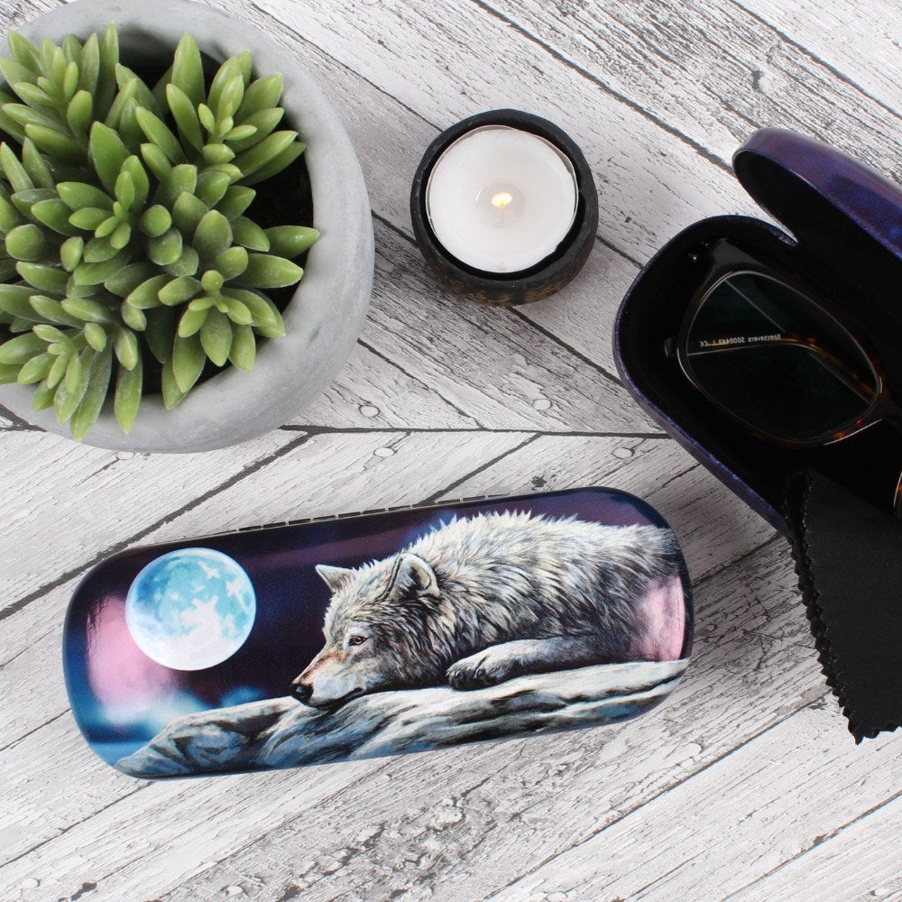 Eyeglass case by Lisa Parker, wolf resting on stone with full moon