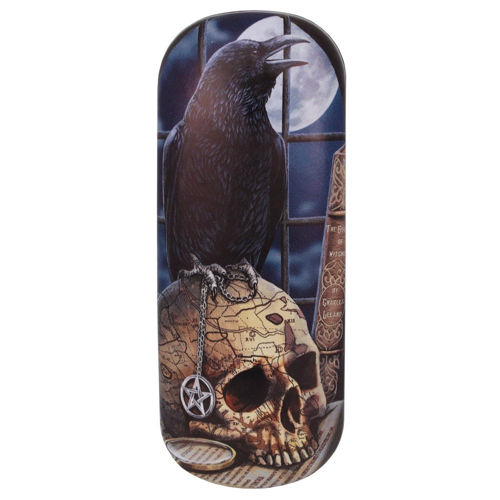 Eyeglass case with raven sitting on skull with dangling pentacle charm, full moon behind