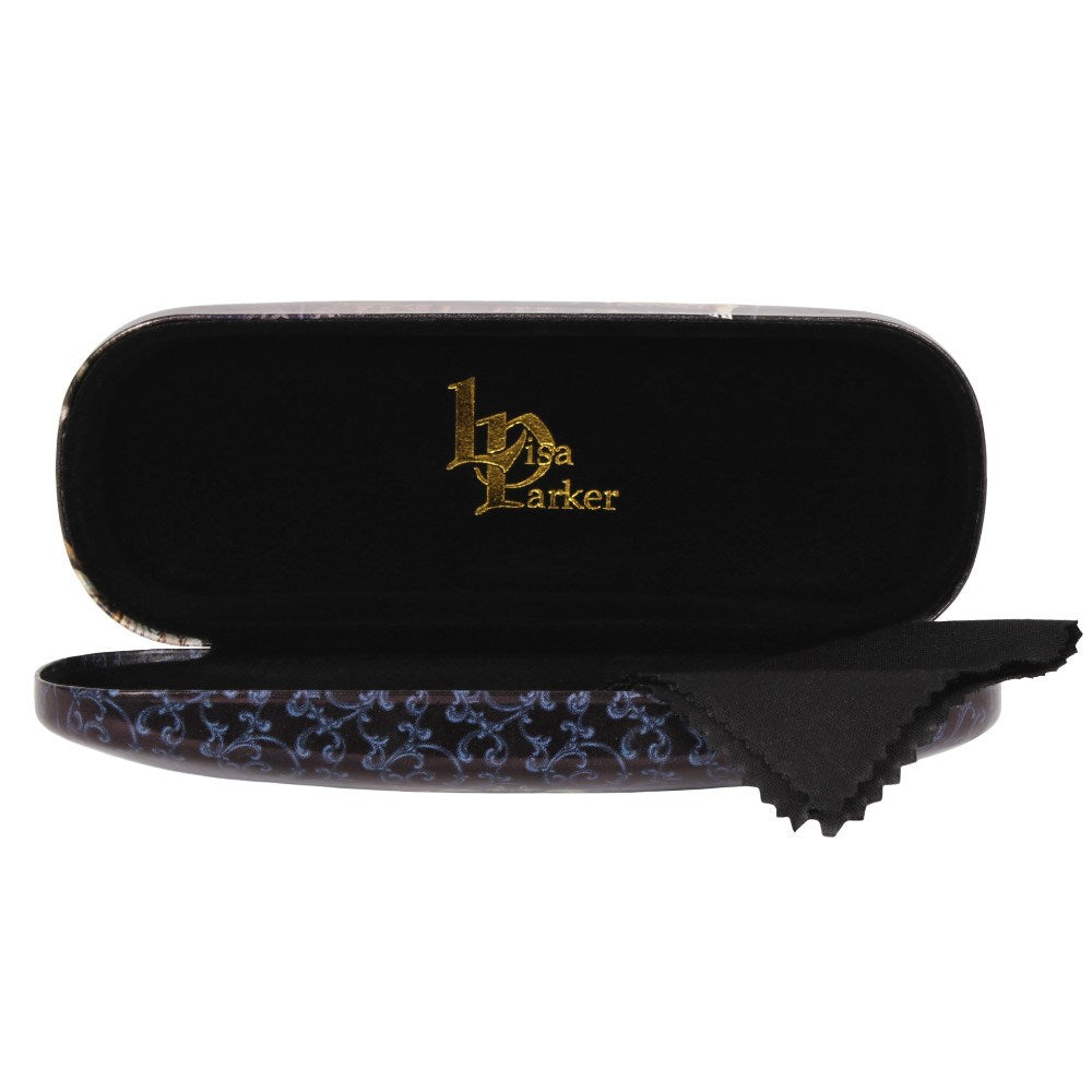 Inside of eyeglass case, gold Lisa Parker logo and cloth