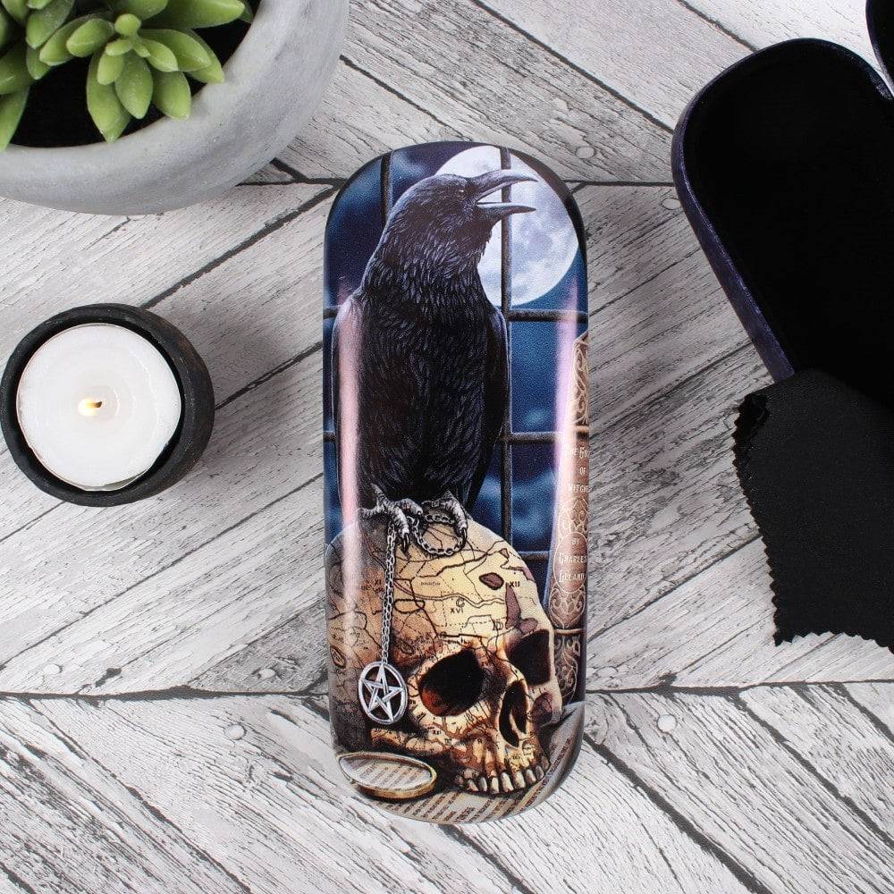 Eyeglass case with raven sitting on skull with dangling pentacle charm, full moon behind