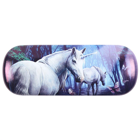 Eyeglass case by Lisa Parker with two unicorns in a forest with butterflies