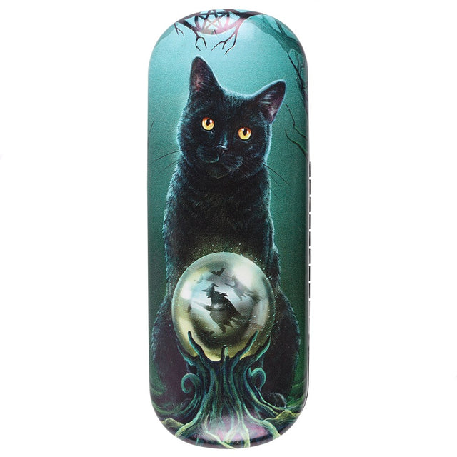 Eyeglass case with art by Lisa Parker, black cat with crystal ball full of witches