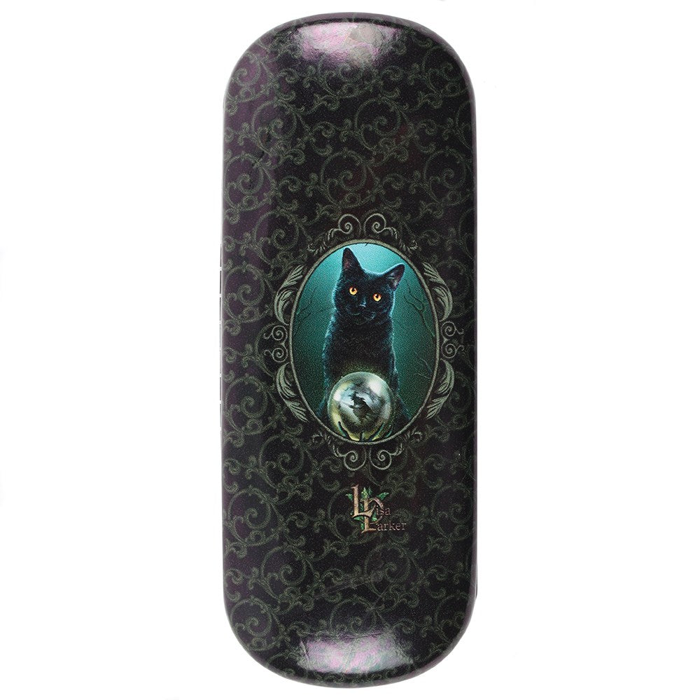 Back of eyeglass case, black cat with crystal ball and swirl designs