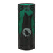 Unlit lamp, Lisa Parker artwork of black cat with crystal ball and witch silhouette, on a cylindrical aroma lamp with green background