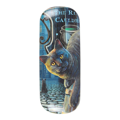 Eyeglass case with cat on barrel and another in background on cobblestone street