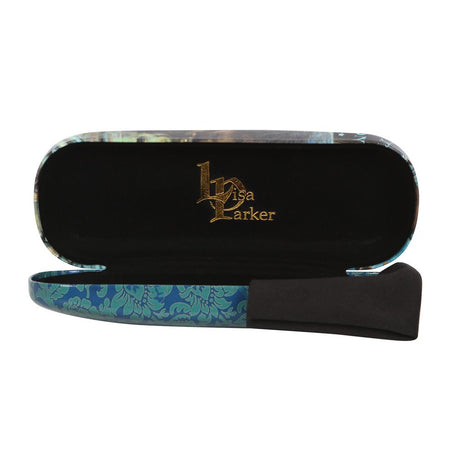 Inside of glasses case with cloth and gold Lisa Parker logo