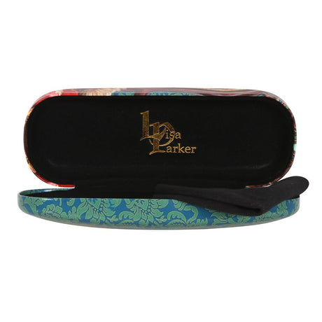 Inside of glasses case with gold Lisa Parker logo and cloth