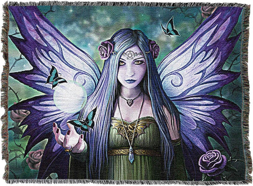 Tapestry blanket with fairy with purple hair and wings, glowing orb and butterflies and purple roses