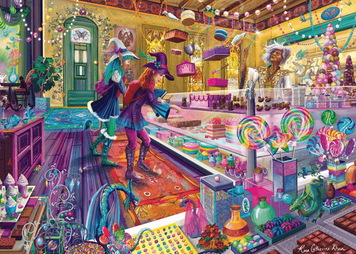 A scene of magical sweets - Two young witches decide on what treats to get tat the magical bakery, while the proprietress makes the cakes dance in the air. With rainbows and dragons and flying cats!